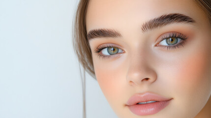 Close up portrait of young woman with feather textured eyebrows and subtle arches, showcasing her clear skin and captivating green eyes. soft lighting enhances her natural beauty and fresh