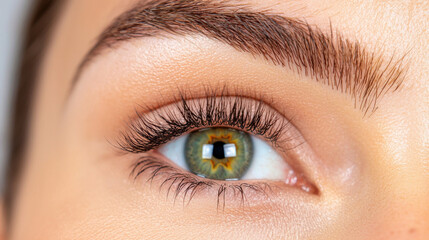 Fototapeta premium Close up of beautiful eye showcasing vibrant green iris, long eyelashes, and well groomed eyebrows, reflecting sense of beauty and attention to detail
