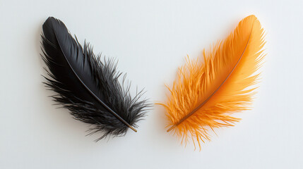 Black and orange feathers displayed side by side, showcasing their vibrant colors and unique textures. contrast between dark and bright hues creates eye catching visual appeal