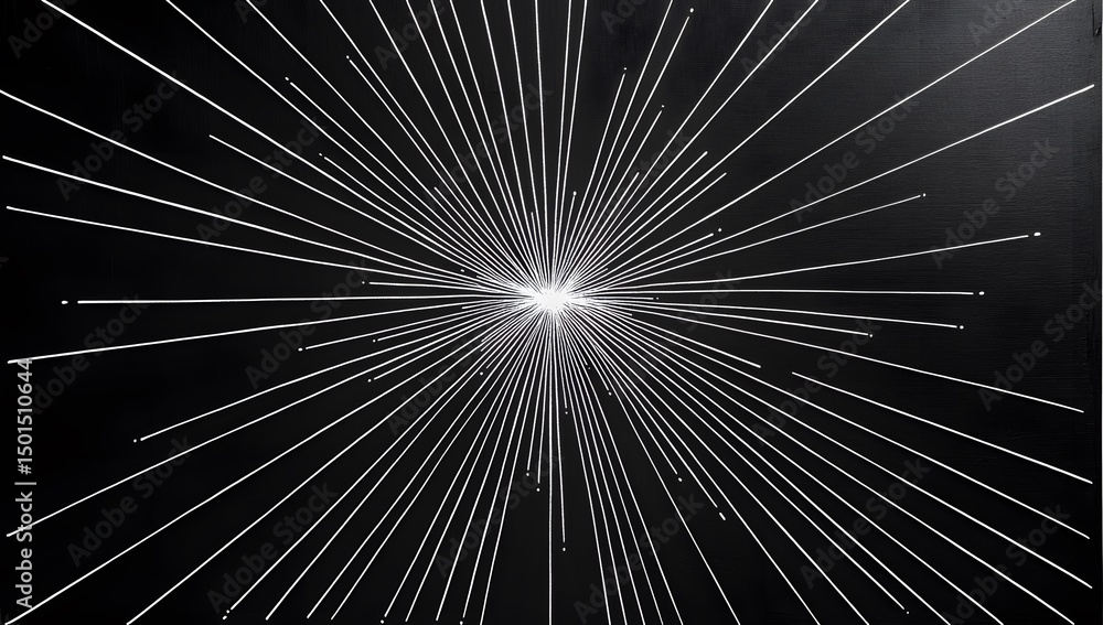 Poster black background with white lines of varying thickness forming an irregular radiating pattern, with 