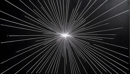 Obraz premium Black background with white lines of varying thickness forming an irregular radiating pattern, with the rays pointing towards one another in the corners and on both sides of their starting points, 