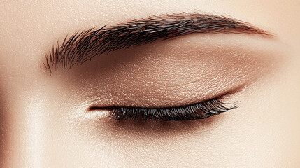 Close up view of beautifully groomed eyebrow with natural finish, showcasing delicate texture of skin and eyelashes. image conveys sense of elegance and beauty