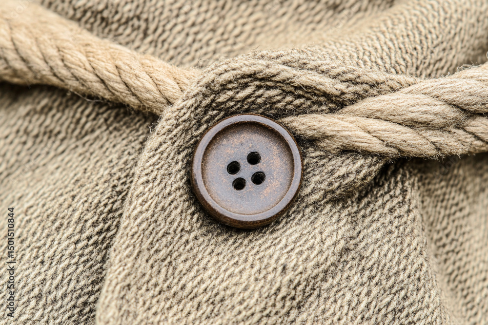 Poster detailed view of a button and fabric on stylish outerwear showcasing intricate design elements