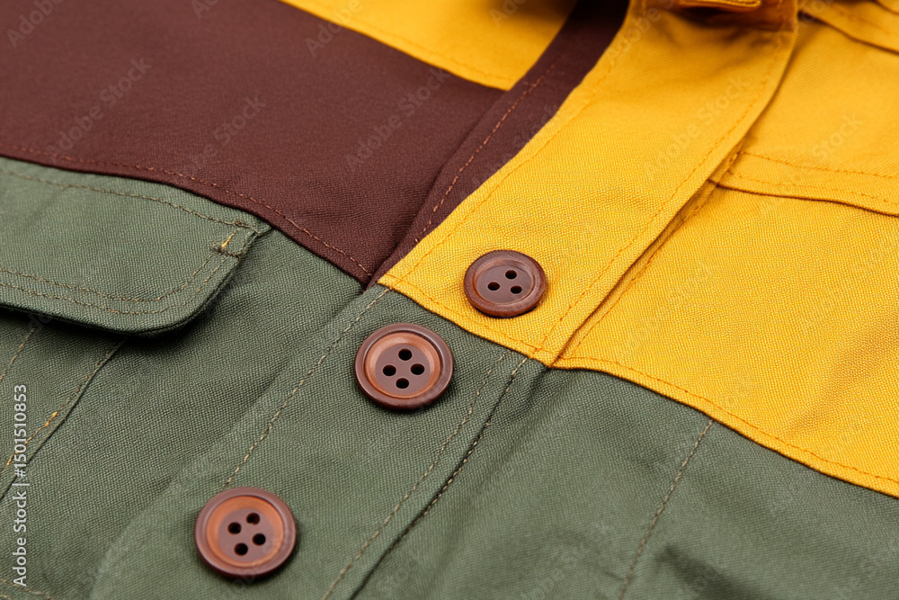 Poster details of a multi-colored buttoned shirt showcasing distinctive button design and fabric texture