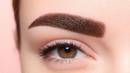 Glossy groomed eyebrows with soft focus background highlight beauty of eye. rich brown color enhances natural features, creating elegant and polished look