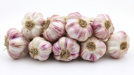 A bunch of fresh, purple-striped garlic bulbs