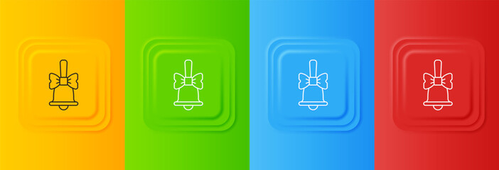 White Merry Christmas ringing bell icon isolated on colorful background. Alarm symbol, service bell, handbell sign, notification. Set icons in square buttons. Vector