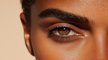 Close up of beautifully styled eye showcasing angular precision in eyebrows, with radiant skin tone and captivating eye color that draws attention. image exudes elegance and sophistication