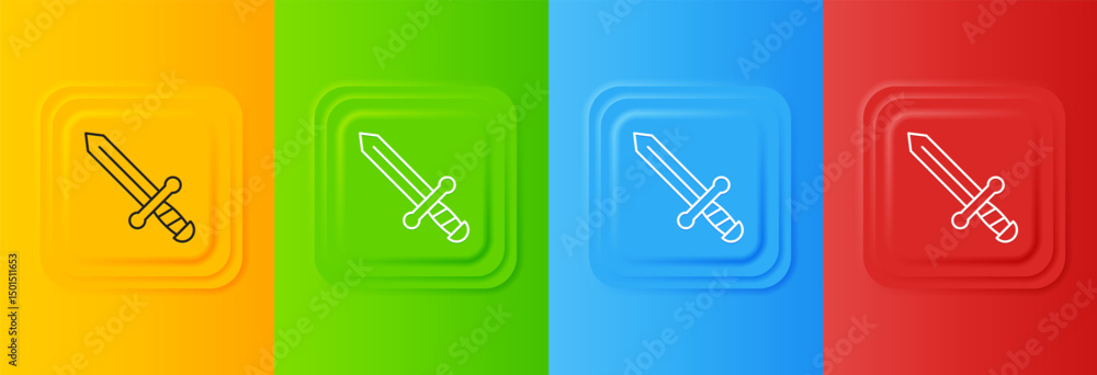 Poster white medieval sword icon isolated on colorful background. medieval weapon. set icons in square butt
