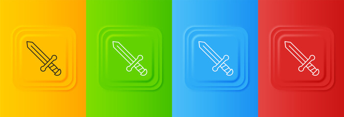 White Medieval sword icon isolated on colorful background. Medieval weapon. Set icons in square buttons. Vector