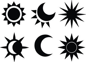 Sun icon set, Shine sun ray set, Set of black and white sun icon vector illustration