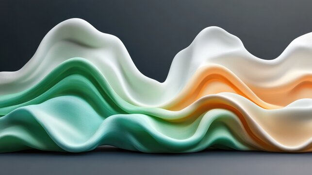 Abstract pastel wave forms in teal, cream, and white, undulating smoothly against a dark background
