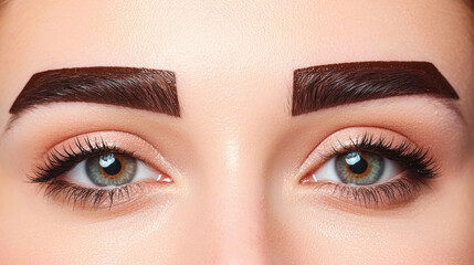 Sleek laminated eyebrows with bold symmetrical style enhance eyes, creating striking and fashionable look. glossy finish adds modern touch to overall appearance