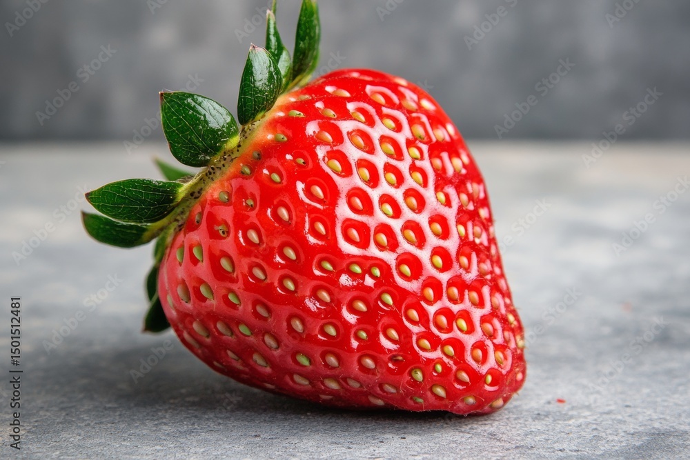 Poster the macro perspective captures the detailed surface of a ripe strawberry, emphasizing its bright red