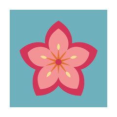 Fototapeta premium Simple floral design with five petals in pink on a blue background for graphic elements