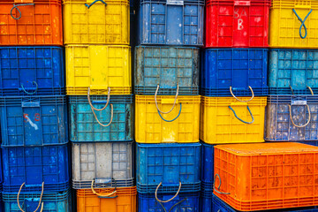 Stack of blue and yellow crates
