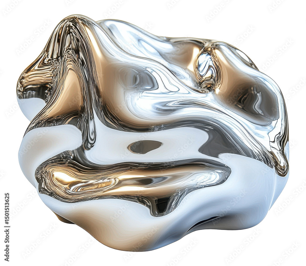 Poster abstract metallic shape with reflective surface on a transparent png image