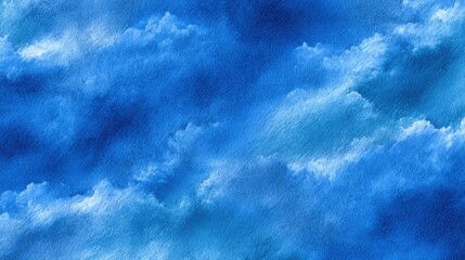 Watercolor painting of a sky filled with fluffy blue clouds, artistic background with cloud textures and details