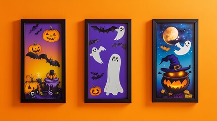 Three framed halloween decorative wall art pieces.