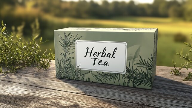 Herbal tea box with botanical illustrations on a wooden surface.