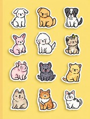Cute Pet Stickers Collection Featuring Various Animals on a Bright Yellow Background With Clear Right Margin