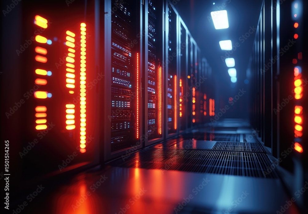 Aufkleber dimly lit server room with glowing red led indicators and cool overhead lighting, ideal for illustra