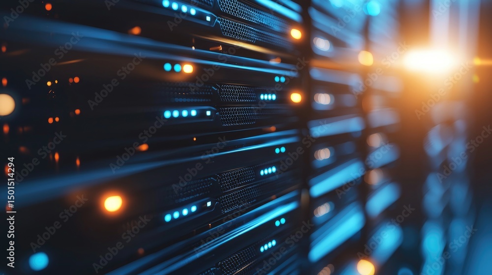Poster Close-up of illuminated data server hardware with blue and orange LED indicators, perfect for illustrating high-performance computing, IT infrastructure, and secure cloud services