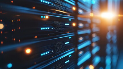 Naklejka premium Close-up of illuminated data server hardware with blue and orange LED indicators, perfect for illustrating high-performance computing, IT infrastructure, and secure cloud services