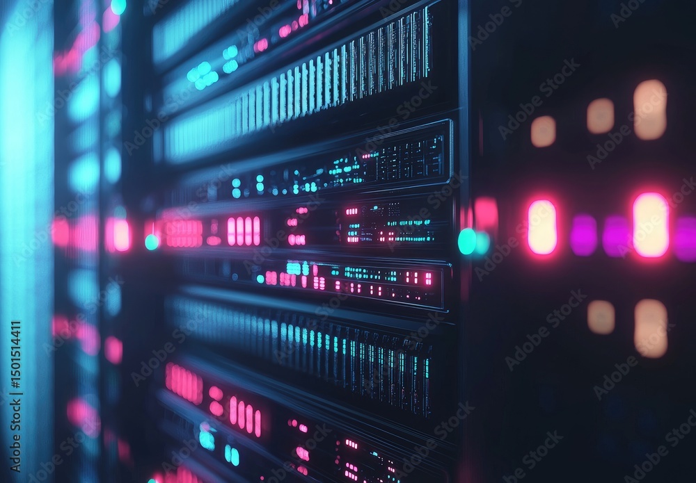 Aufkleber high-detail view of illuminated server equipment with glowing blue and pink lights, ideal for visual