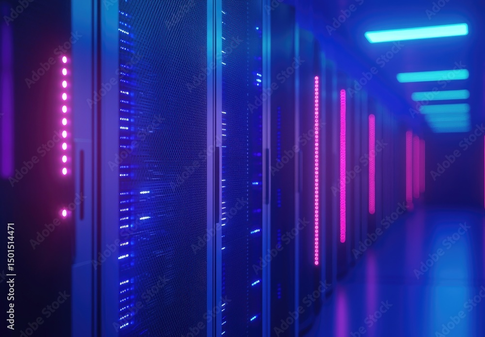 Fototapete modern data center corridor with vertical racks illuminated in pink and blue, ideal for cloud hostin