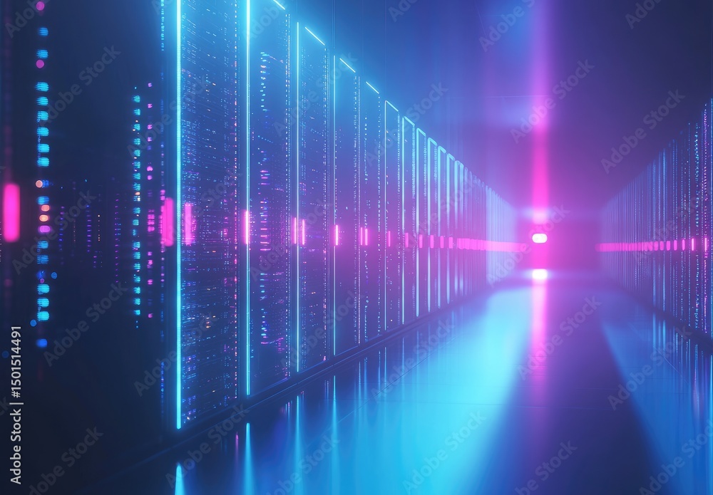 Leinwandbilder futuristic server corridor with glowing neon lights in pink and blue tones, ideal for illustrating c