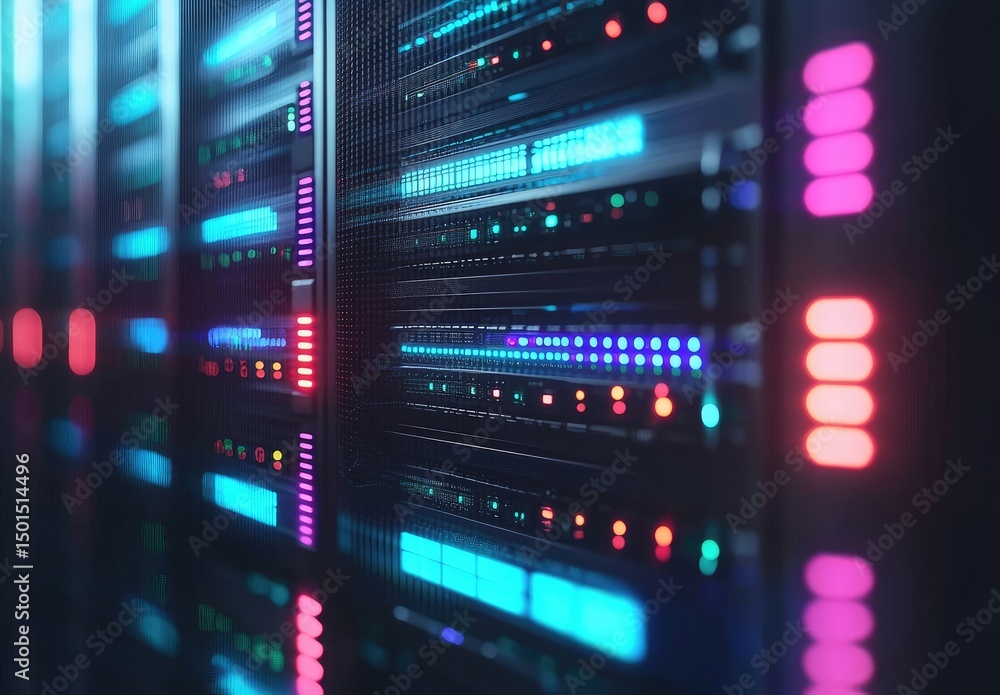 Leinwandbilder Close-up of high-tech data server racks with illuminated control panels and multicolored LEDs, perfect for IT infrastructure, cloud systems, or cybersecurity illustrations