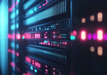 Fototapeta premium High-detail view of illuminated server equipment with glowing blue and pink lights, ideal for visualizing data systems, cloud storage, or advanced digital infrastructure