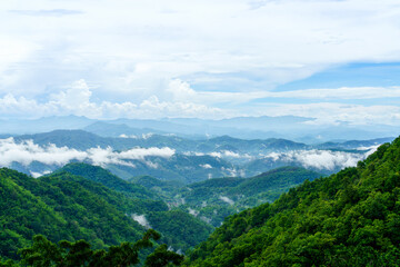Sky clounds and fog over mountain valley after the rain in rainy season. Aerial view of mountain groove range with green trees in jungle. Beautiful landscape with high forest and sky.