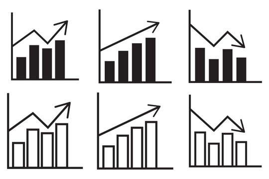 Up and down graph chart vector icon set. growth increase and decrease sign. economy rise and decline symbol. upward or downward trend bar chart icon. profit and loss statistics.