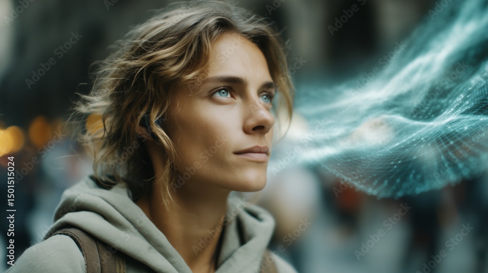 Poster a woman with a focused expression engages with voice-controlled technology while in a busy urban are
