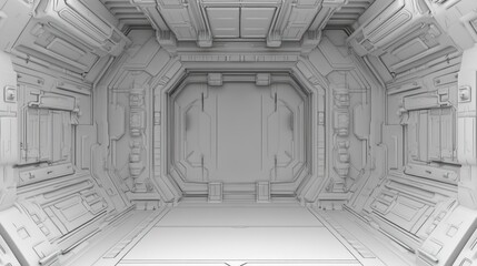 Futuristic monochrome spaceship corridor with large central airlock door
