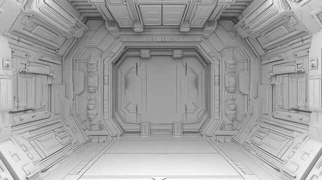 Futuristic monochrome spaceship corridor with large central airlock door