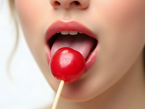 bouche de femme qui l&egrave;che une sucette rouge, langue sortie. Gros plan isol&eacute; blanc