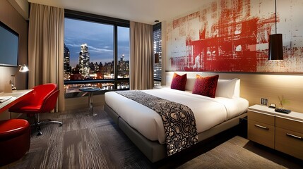 Urban modern bedroom with glass wall and contemporary decor