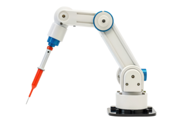Robotic arm precision tool holding a syringe with red fluid isolated with transparent background