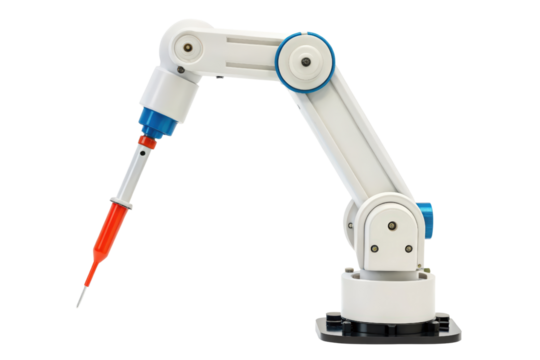 Robotic arm precision tool holding a syringe with red fluid isolated with transparent background