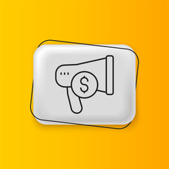 Black Megaphone and dollar icon isolated on yellow background. Loud speech alert concept. Bullhorn for Mouthpiece scream promotion. Silver rectangle button. Vector