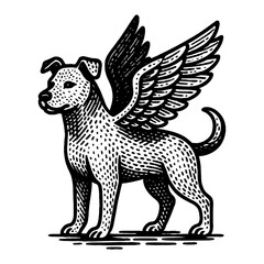 Obraz premium Detailed Black And White Winged Dog Illustration