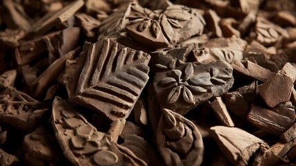 Summer Solstice: Sun-baked clay fragments with ancient solar patterns in warm earthy