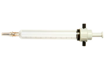 Large clear glass laboratory syringe with measurements isolated with transparent background