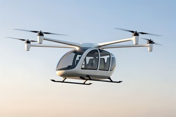 A modern electric vertical takeoff and landing (eVTOL) aircraft in mid-flight, showcasing advanced urban air mobility technology. The sleek design features multiple rotors for stability and efficiency