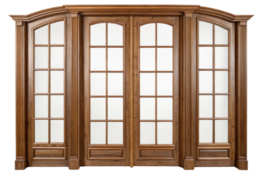 Elegant wooden French doors with multiple glass panes isolated with transparent background