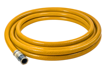 Coiled yellow industrial hose with metal fitting isolated with transparent background