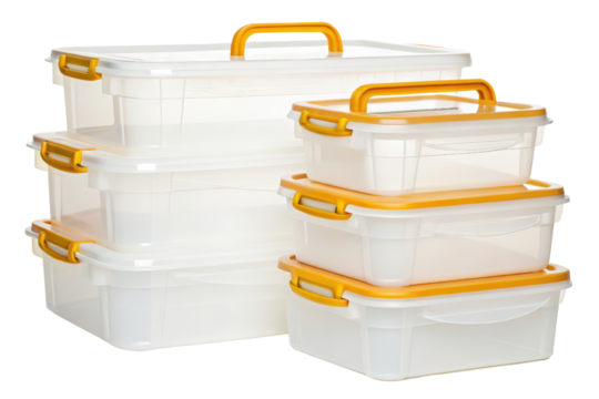 Stack of clear plastic storage boxes with yellow lids isolated with transparent background